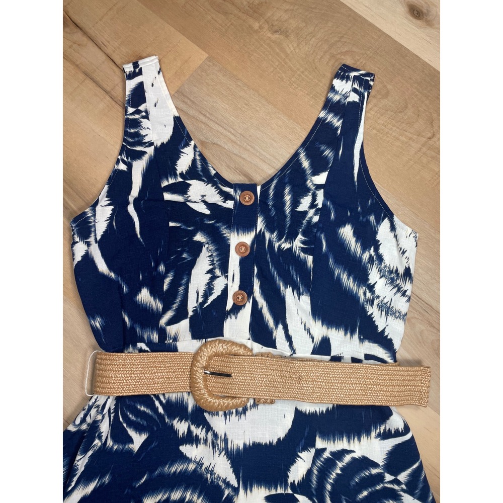 Fred David Blue White Tropical Print Midi Dress Belted Sleeveless Size Small - Picture 2 of 10